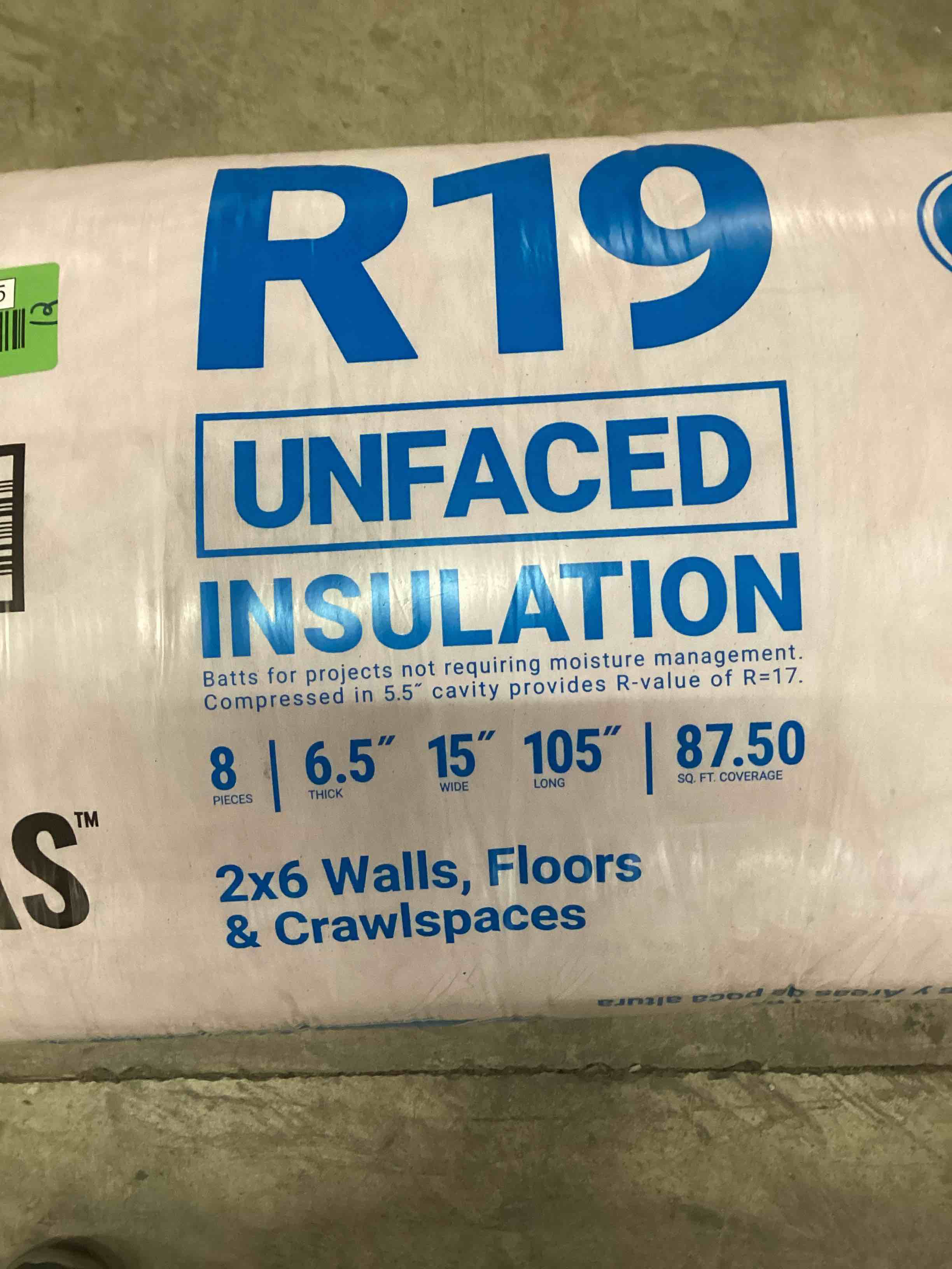 1 Bag Owens Corning R19 Unfaced Insulation 15” X 105” (8 pieces per bag)