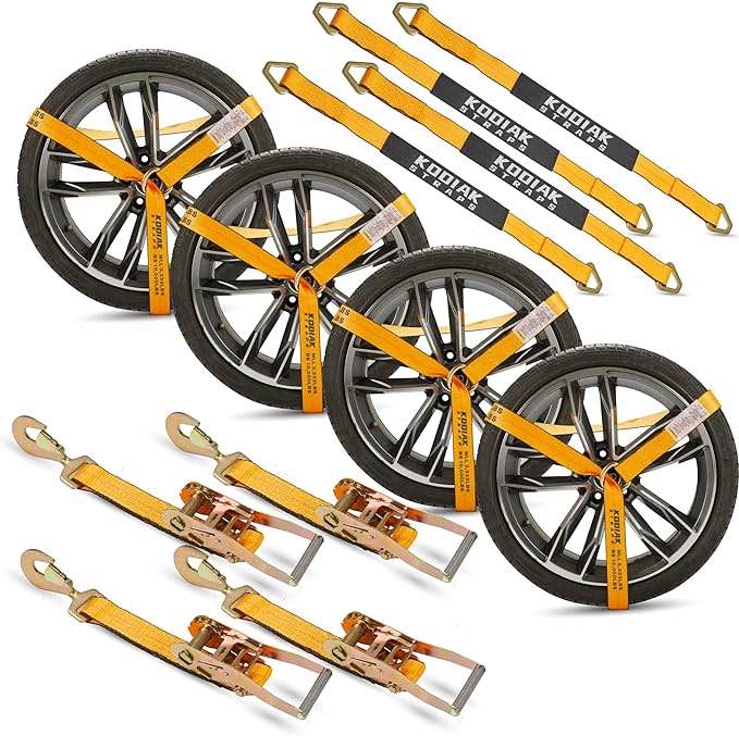 KOMOIA straps. Four pack 105 inches classic orange abrasion resistant heavy duty 10,000 LB brake strength, safe J hooks and rubber