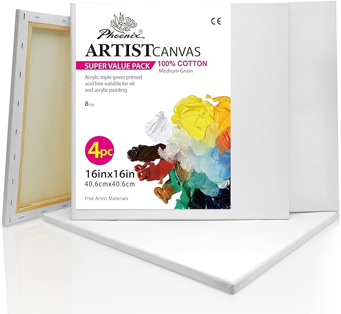 PHOENIX Stretched Canvas for Painting 16x16 Inch/4 Value Pack, 8 Oz Triple Primed 5/8 Inch Profile 100% Cotton White Blank Canvas, Square Framed Canvas for Oil Acrylic & Pouring Art