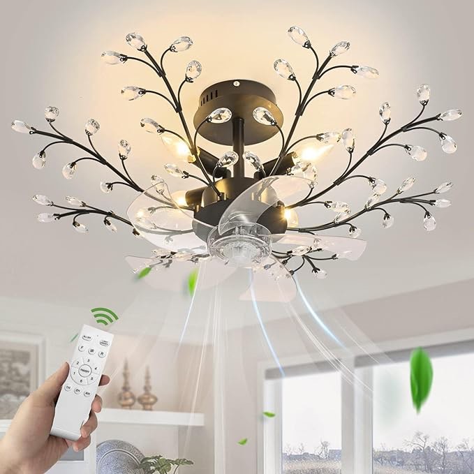 teyeard 31'' Ceiling Fans with Lights, Modern Crystal Flower Bladeless Ceiling Fan and Remote, 6 Speeds and Timing Low Profile Ceiling Fan with Lights for Bedroom Living Room