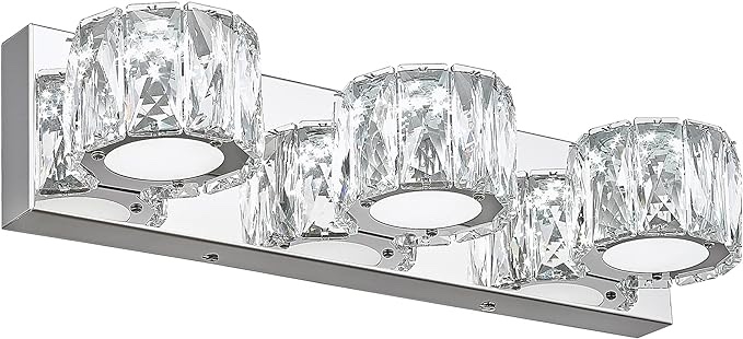 Cargifak LED Crystal Bathroom Light Fixtures, 3-Light Vanity Lights, Bathroom Vanity Light with Polished Chrome Finish, 6000K Cool White, 4819-3W-LED