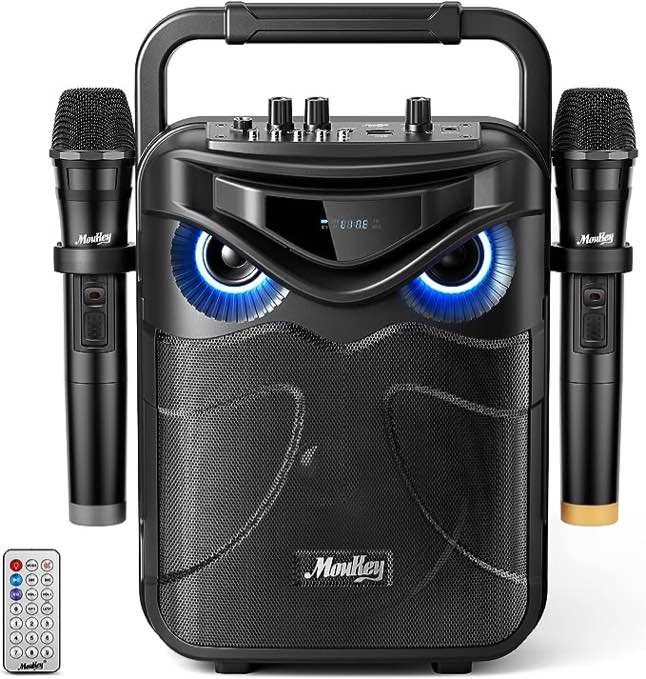Moukey Karaoke Machine with 2 Wireless Microphones, Portable Bluetooth Speaker PA System with Powerful Bass and Loud Volume for Kids Party, Support REC/AUX/MP3/USB/TF/FM - MPS3, Black