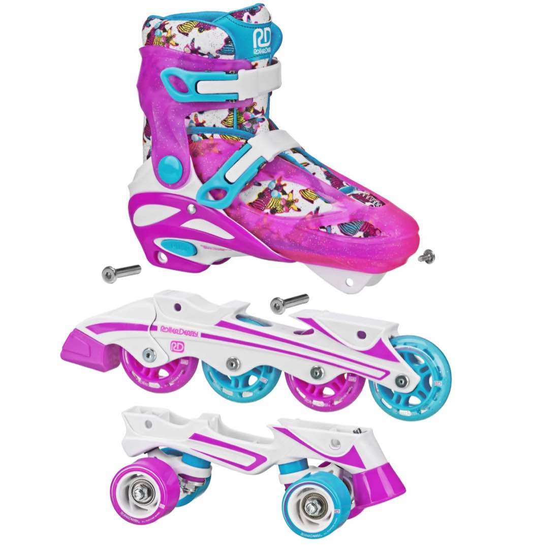 Roller Derby Sprinter Girl's 2-in-1 Quad Roller and Inline Skates Combo, Pineapple (Size 3-6)