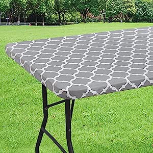 Tablecloth for Folding Table -Fitted Rectangular Table Cloth Plastic Vinyl Backed with Elastic Rim- for Christmas|Parties, Picnic (Gray Plaid, 5 ft, 30x60 inch)