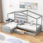 (incomplete box 2/2) ATY L-Shaped Twin Size House Platform Bed with 3 Storage Drawers, Solid Wood Bedframe w/Fence and Slatted Frame, Save Space Design, Bedroom Furniture for Kids, Gray