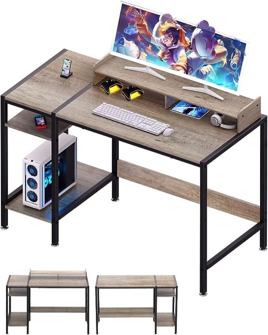 MINOSYS Computer Desk - Gaming Desk, Home Office Desk with Storage, Small Desk with Monitor Stand, Writing Desk for 2 Monitors, Adjustable Storage Space, Modern Design Corner Table, Beech.