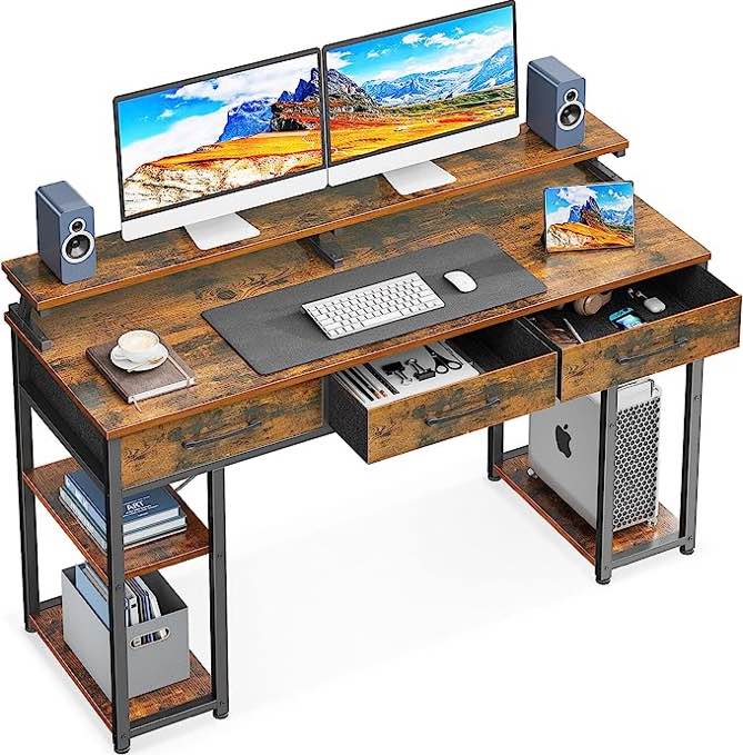 ODK Computer Desk with Storage Shelves and Monitor Stand, 55 Inch Writing Desk with Bookshelf, Reversible Study Table for Home Office, Small Space Bedroom, Vintage