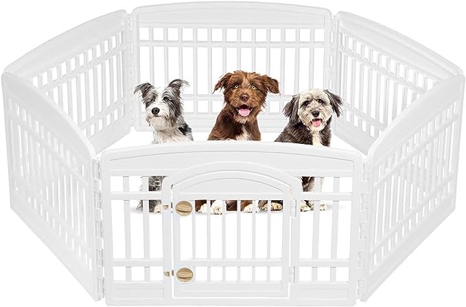IRIS USA 24" Exercise 6-Panel Pet Playpen with Door, Dog Playpen For Puppy Small Dogs Keep Pets Secure Easy Assemble Easy Storing Customizable Non-Skid Rubber Feet, White