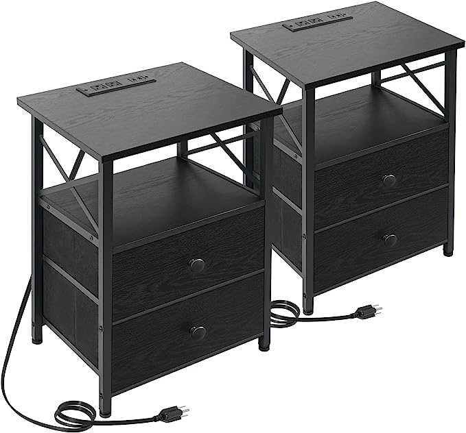 AMHANCIBLE Black Nightstands Set of 2 with Charging Station, End Tables Living Room with 2 USB Ports and 2 Outlets, Side Tables Bedroom with 2 Drawers