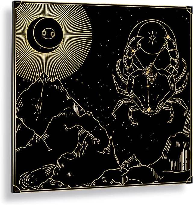 Constellation Cancer Canvas Wall Art Hanging Painting, Black and Gold Zodiac Tarot Tapestry, Cancer Landscape Sun Moon Star Wall Painting-No Frame 20×20 inches