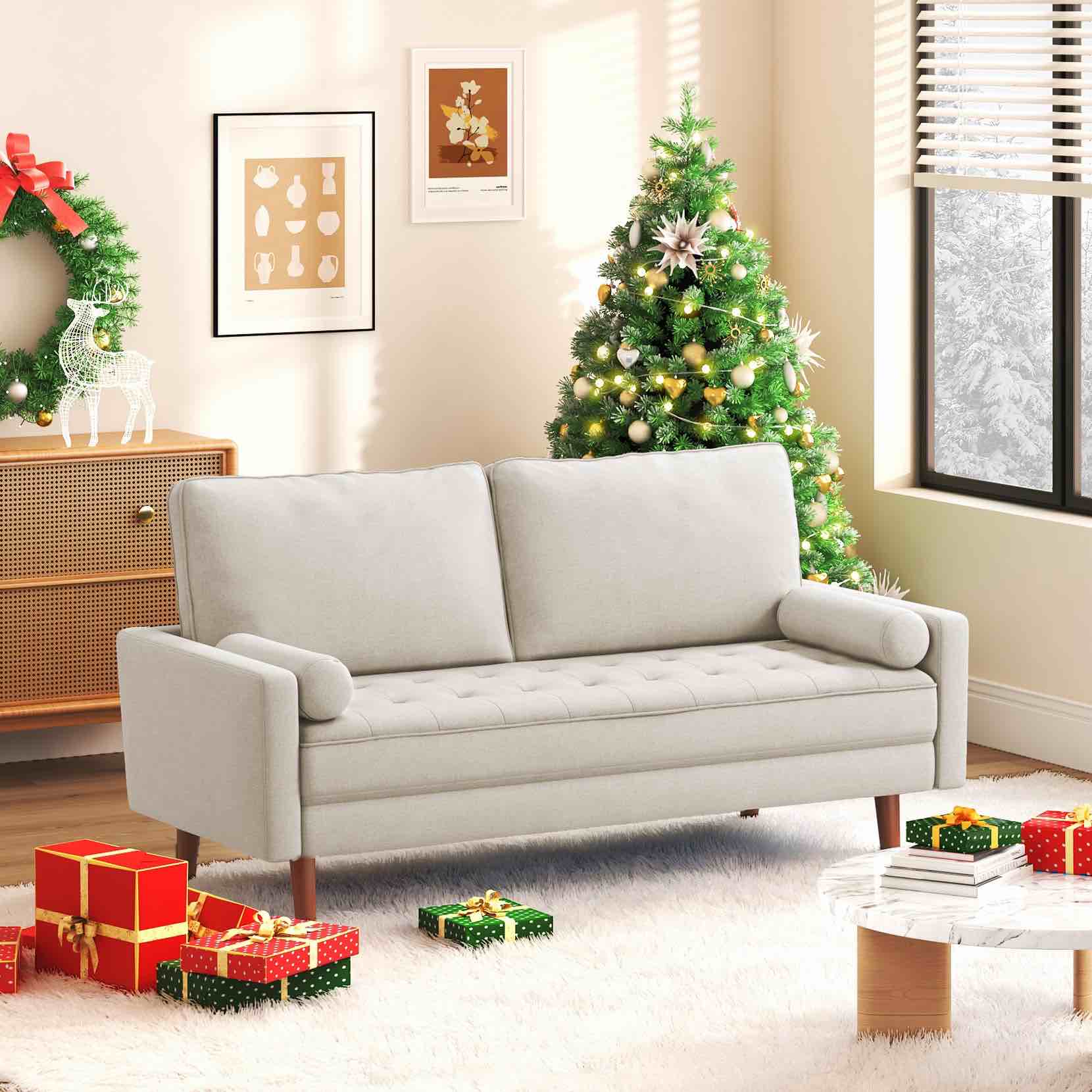 Koorlian Small Sofa Couch, 2 Seater Fabric Loveseat, Mid Century Modern Couches for Living Room, Button Tufted Seat Cushion, Square Armrest, 2 Throw Pillows, Fit for Small Spaces, Dorm, Apart, Beige(incomplete box 1/2)