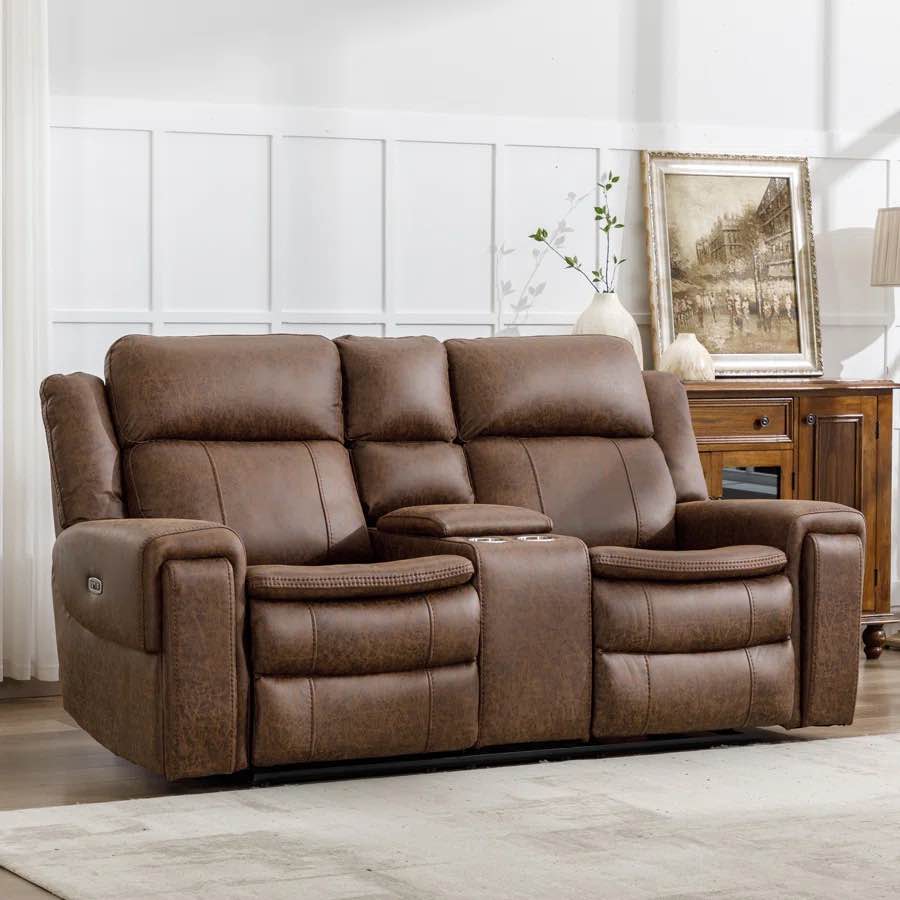 Drumi 78'' Leather Square Arm Dual Motor Reclining Loveseat Adjustable Headrest & Cup Holder Brown 