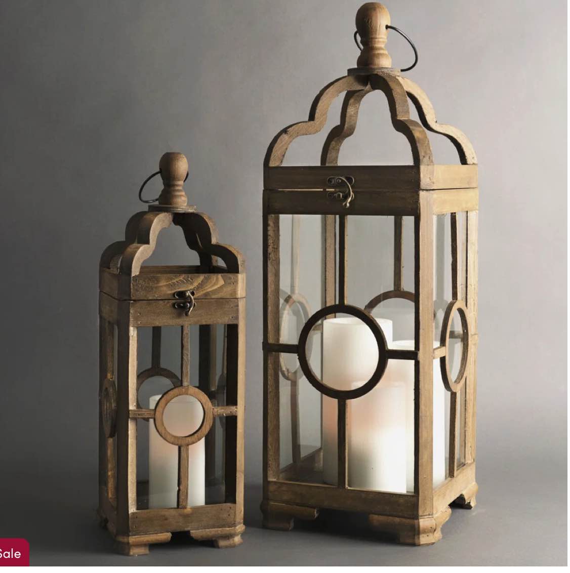 2 Piece Tall Glass and Wood Lantern Set