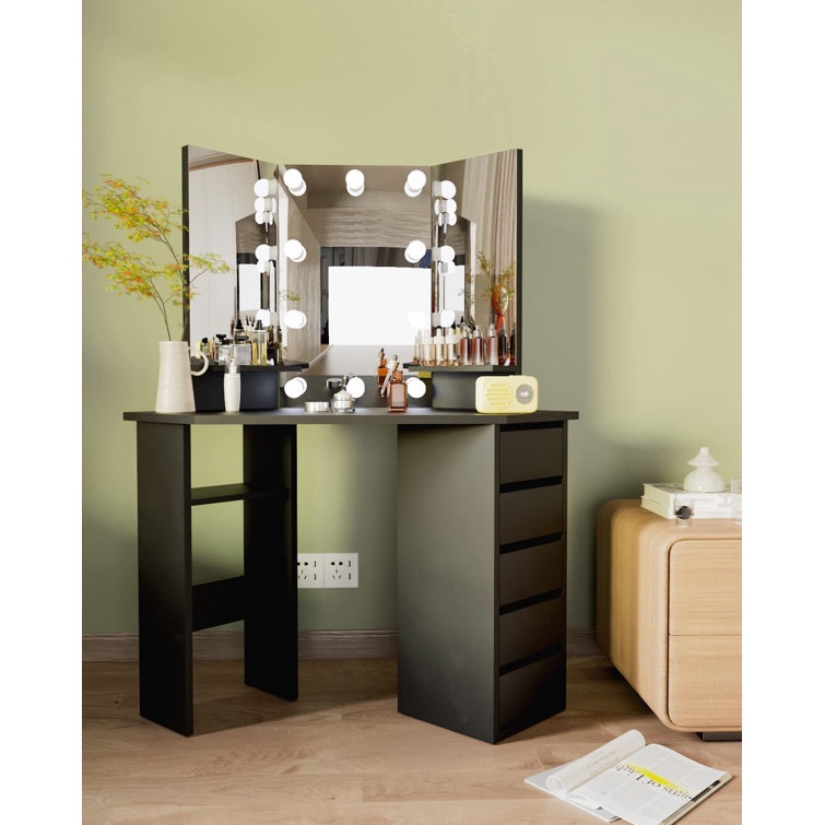 Black Kialen Vanity with 3 Mirrors and 5 Drawers ( Incomplete)