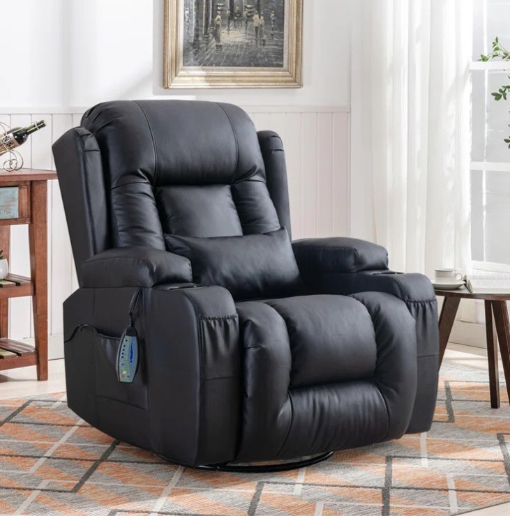 Vegan Leather Manual Swivel Rocker Glider Recliner Chair with Massage & Heat, Lumbar Pillow Included(Incomplete box A )