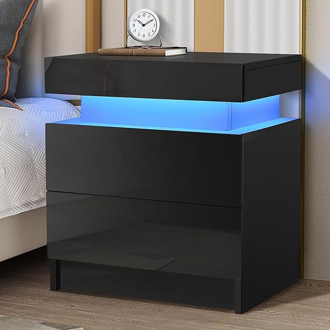 HOMMPA LED Nightstand Modern Black Nightstand with Led Lights Wood Matte Led Bedside Table Night Stand with 2 High Gloss Drawers for Bedroom 20.5" Tall