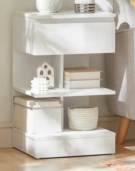 Haotian FBT49-W, White Beside Table with 1 Drawer & 2-Tier Shelves Modern Bedroom End Table