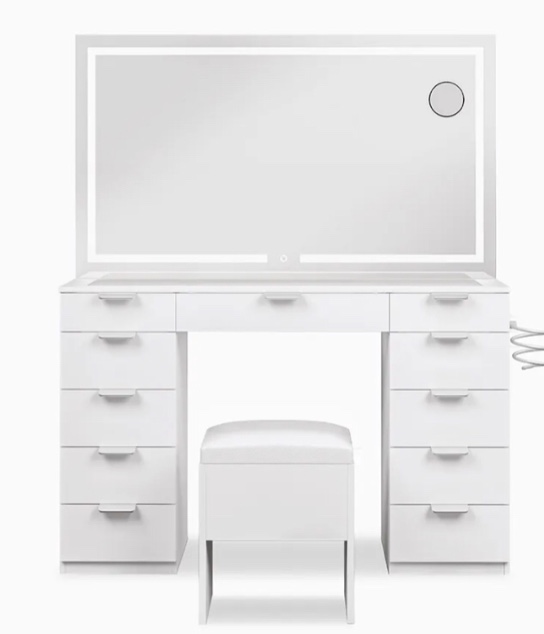 46" Modern Makeup Vanity with 11 Drawers LED Lighted Mirror & Power Outlet, White, INCOMPLETE