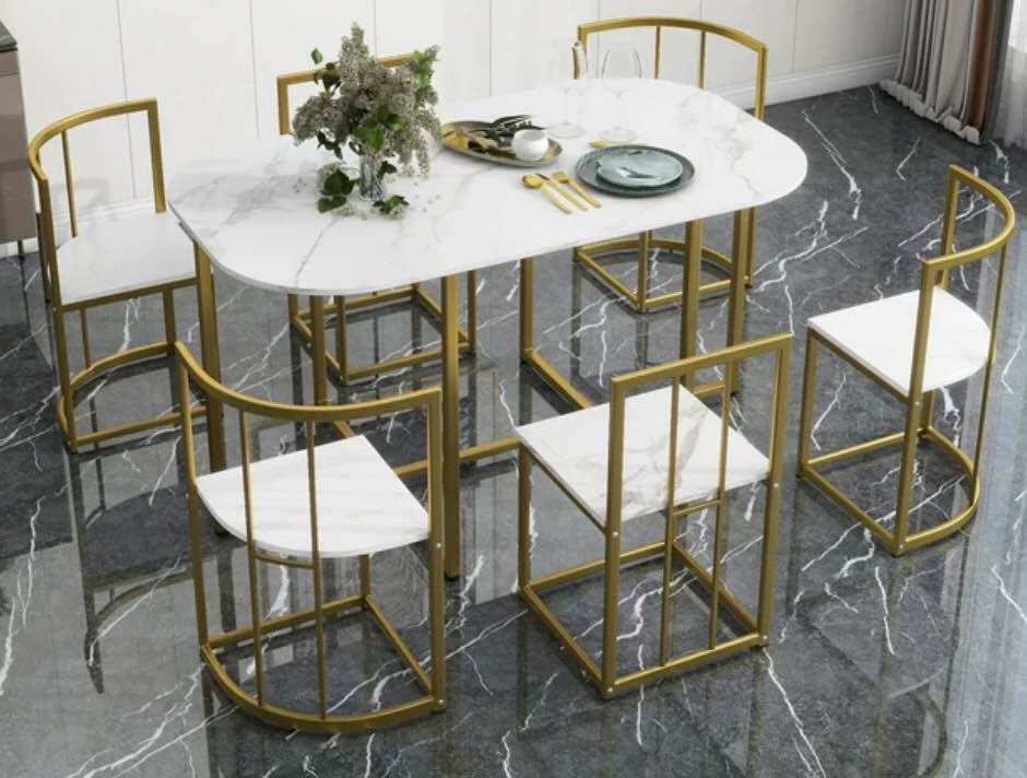 Modern 7-Piece Dining Table Set with Faux Marble Compact 55Inch Kitchen Table Set for 6, Golden+White, (incomplete) 