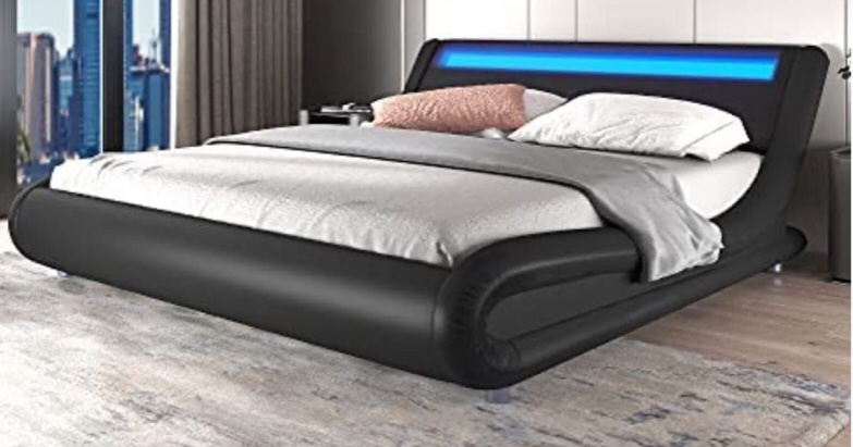 F100 Upholstered Modern Bed Frame with LED Headboard / Mattress Foundation / No Box Spring Needed / Strong Wood Slats Support / Easy Assembly, Black,(incomplete)