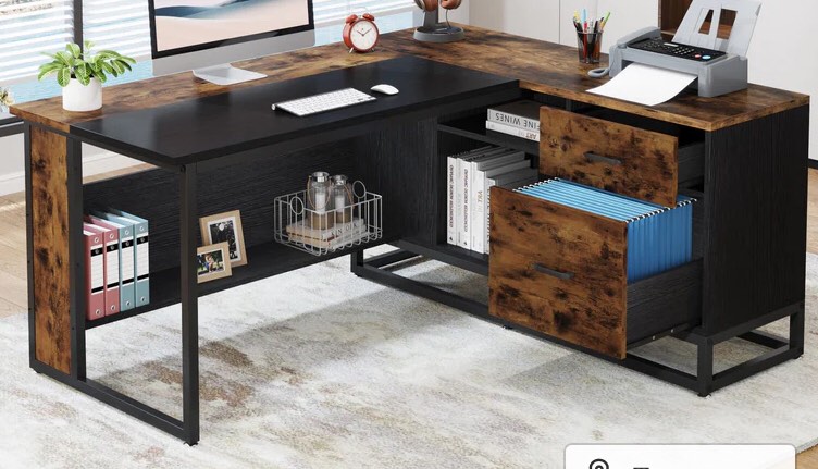6" L-Shaped Desk, Large Executive Business Desk with Drawers and Shelves, (incomplete) 