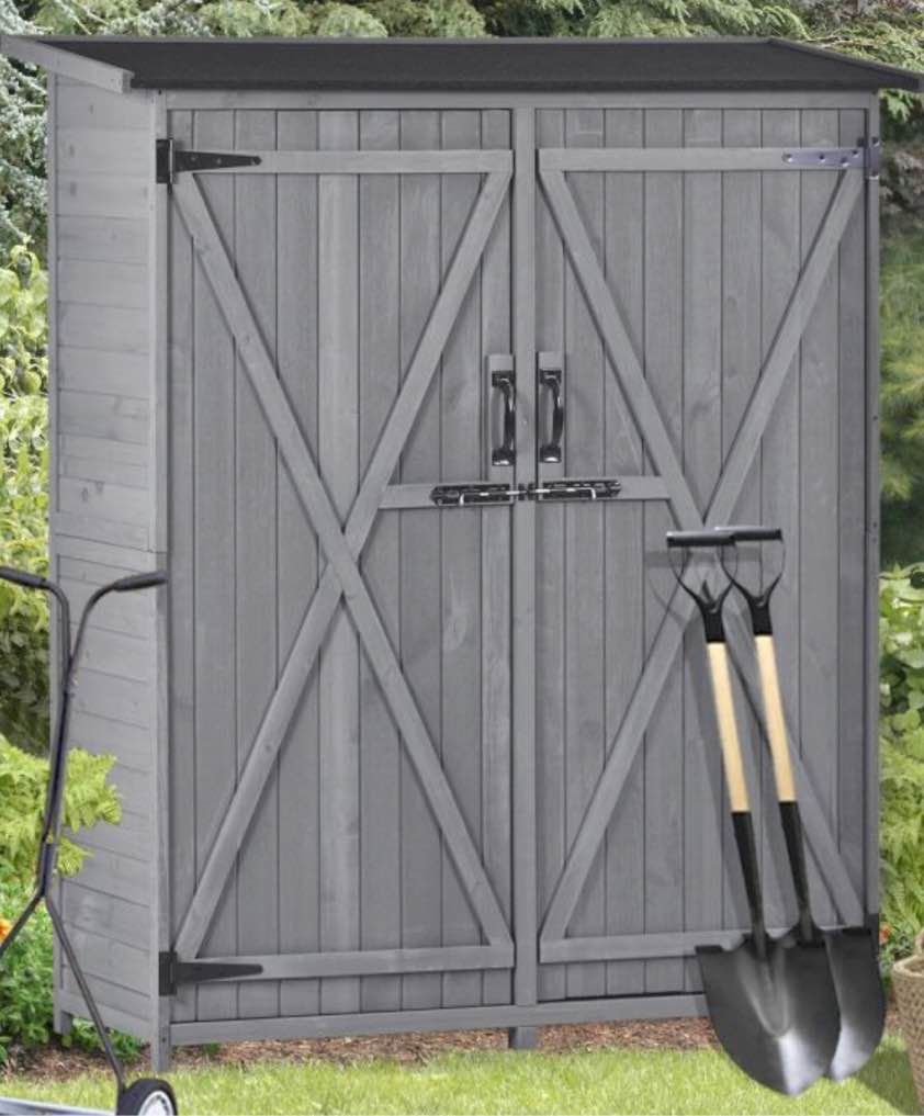 Outdoor 5.3Ft Hx4.6Ft L Wood Storage Shed Tool Organizer, Gray,  (box 2 incomplete) 