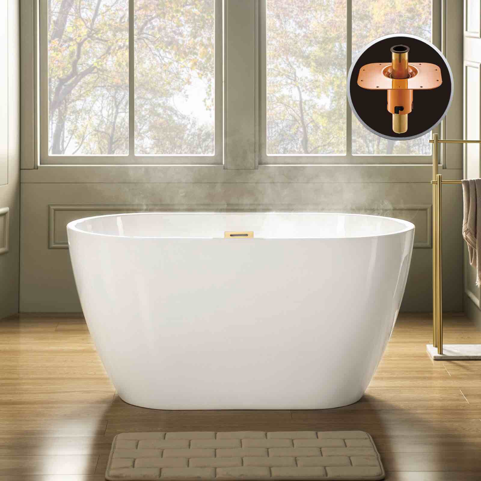 WOODBRIDGE 48" Acrylic Freestanding Bathtub Contemporary Soaking with Brushed Gold Overflow and Drain,White Tub, B1703-BG-Drain&O