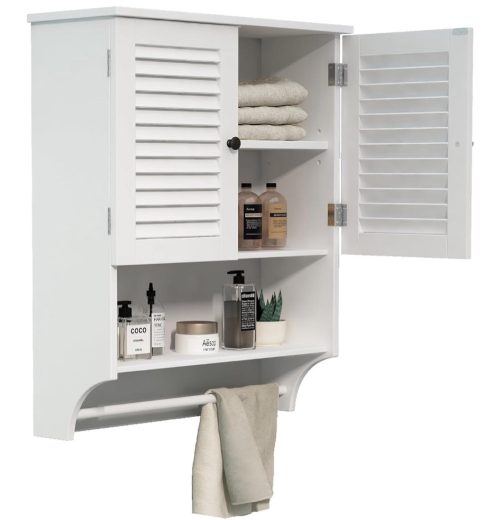 ChooChoo Medicine Cabinet with Towels Bar, 23.6" L x8.9 W x29.3 H MDF Material Bathroom Wall Cabinet, 2 Doors Over The Toilet Space Saver Storage Cabinet with Large Space, White