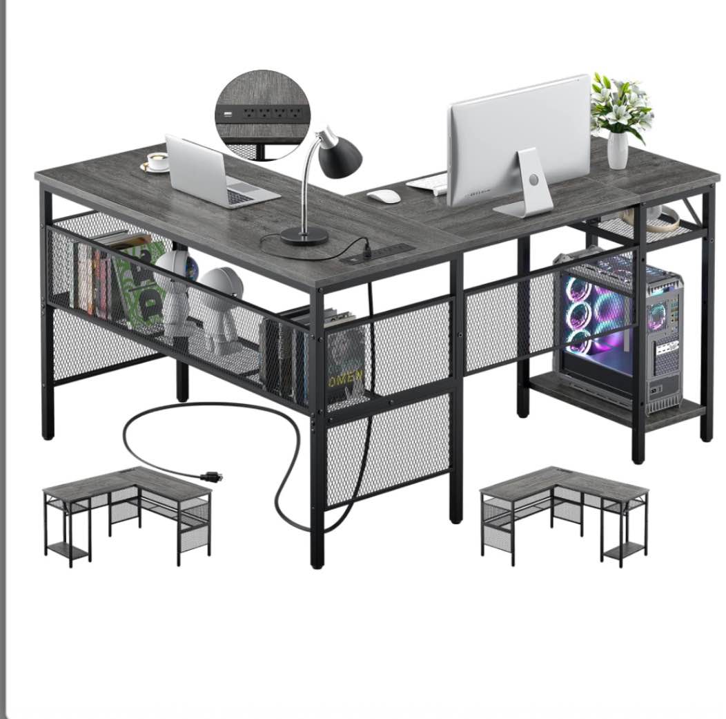 Unikito L Shaped Computer Desk with USB Charging Port and Power Outlet, Reversible Corner Desk with Storage Shelves, Industrial 2 Person Long Gaming Table...