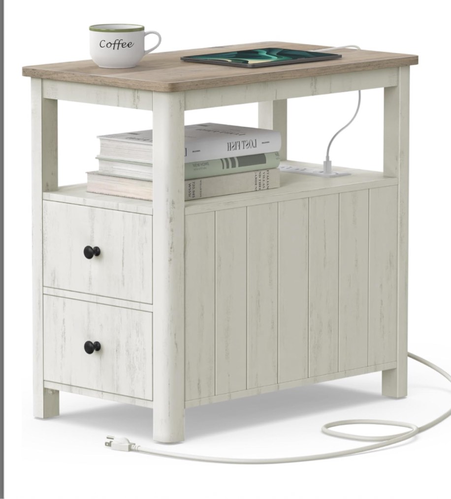 VASAGLE Side Table with Charging Station, Narrow Nightstand with 2 Drawers, Living Room End Table with Storage, for Small Spaces, Coastal Style, Vintage White and Heather Greige