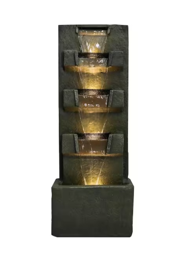 39.3 in. H Concrete Modern Water Fountain with LED Lights for Home Garden Backyard Decor