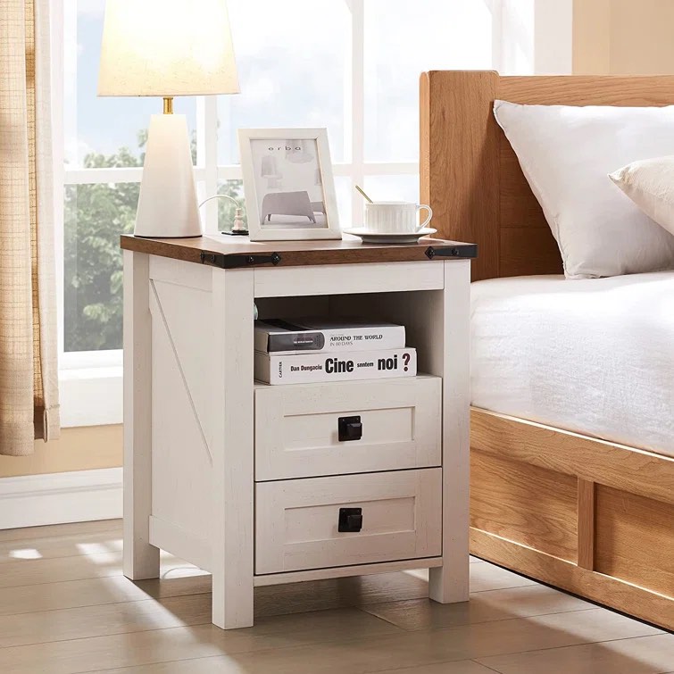 Adaija 18"W Nightstand with Charging Station, Farmhouse End Table with 2 Drawers & Open Storage