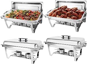 IMACONE 4 Pack Chafing Dish Buffet Set, 8QT Stainless Steel Rectangular Chafers and Buffet Warmer Sets for Catering, with Food & Water Pan, Lid, Foldable Frame, Fuel Holder for Event Party Holiday