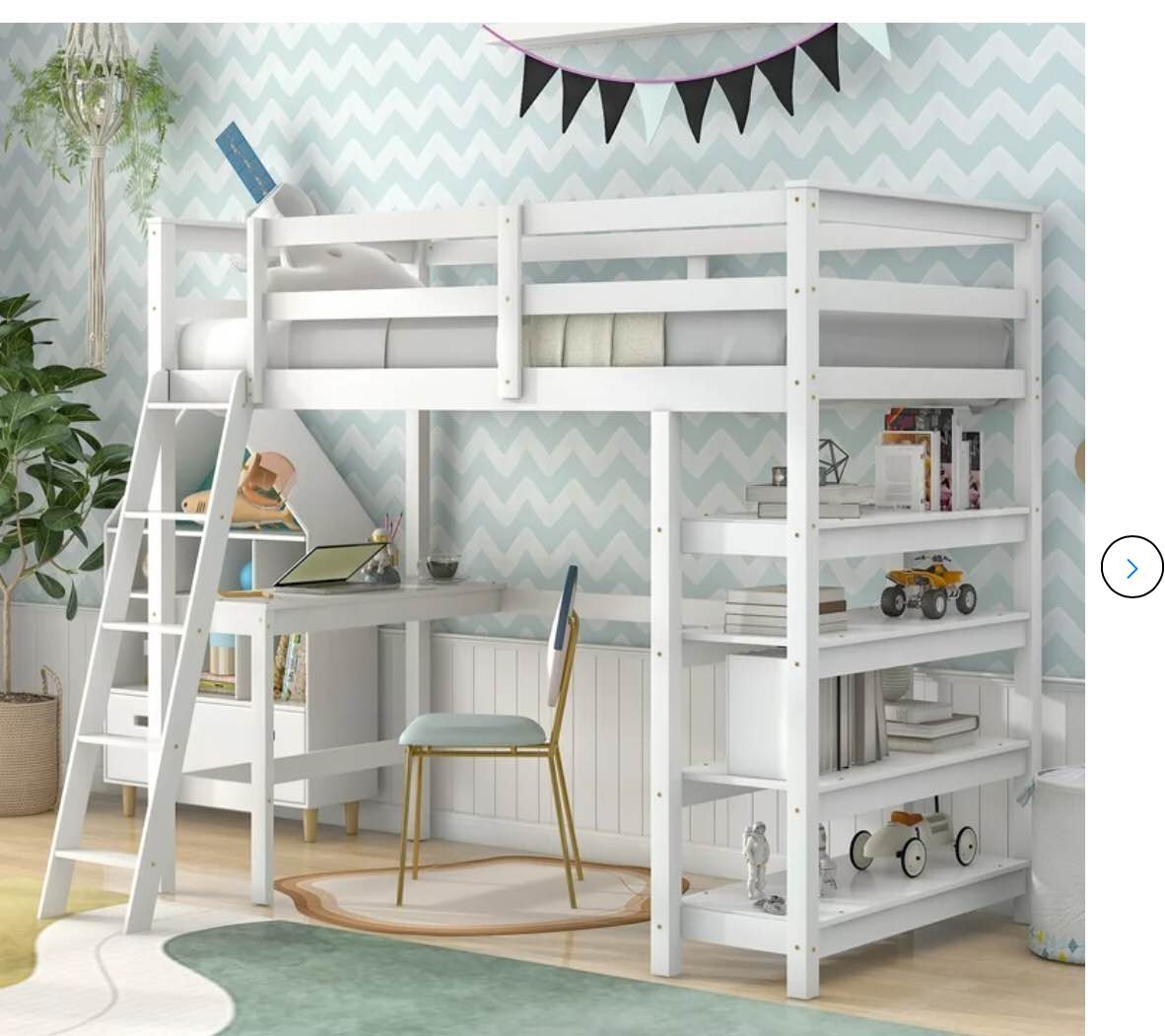 Twin Loft Bed with desk,ladder,shelves , White