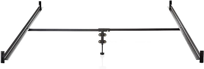 MALOUF Hook-on Metal Bed Rails with Center Bar and Adjustable Height Support Foot, Twin/Full, Black
