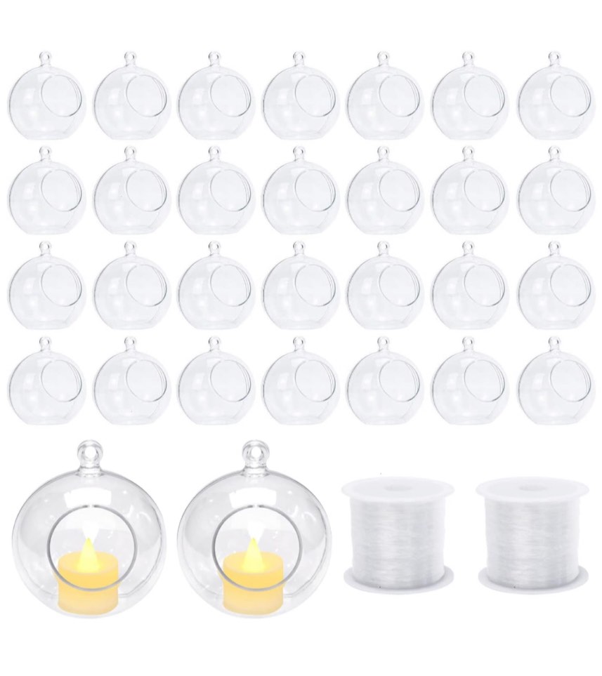 Pomeat 30 Pcs Hanging Candle Holder Clear Plastic Terrarium Globe Hanging Tea Lights Candle Holder for Plants Wedding Christmas Party Centerpiece Decor, 260 Ft Fishing Line, 3.54 inch