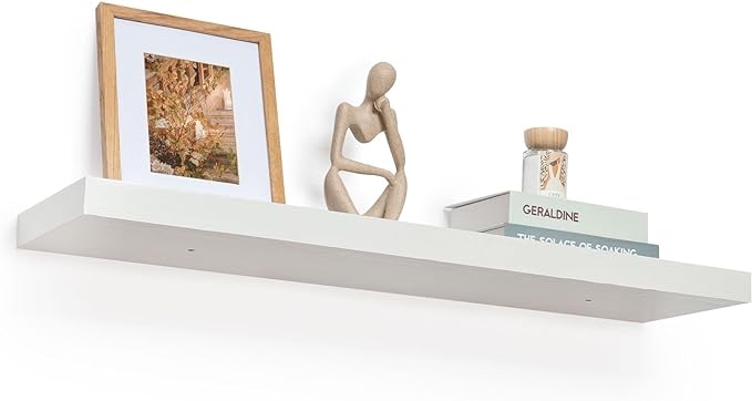 Rustic White Wall Shelf - 36" L x 10.23" D Extra Deeper & Thicker for Decor & Storage - Large Wooden Shelves with Invisible Brackets for Living Room, Kitchen, Farmhouse - Set of 1