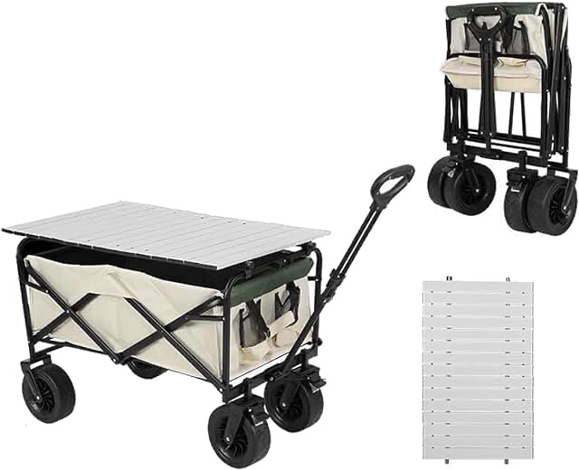 Collapsible Beach Wagon Cart with 360°Swivel Big Wheels for Sand, Folding Utility Heavy Duty Wagon Cart with 400lbs Large Capacity, All Terrain Wagon with Dual Brakes for Garden Outdoor Use / STYLE AND COLOR MAY VARY FROM STOCK PHOTO
