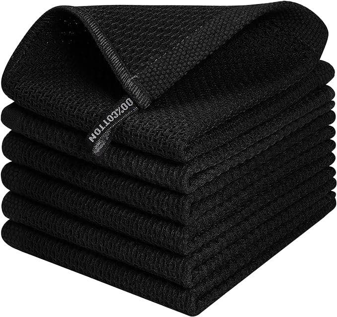 Kitinjoy 100% Cotton Kitchen Dish Cloths, 6 Pack Waffle Weave Dish Towels Ultra Soft Absorbent Quick Drying Dish Rags, 12 X 12 Inches, Black
