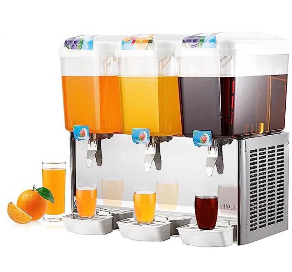 PHO_0YH2ISJW EastVita Commercial Beverage Dispenser,3 Tanks 14.25 Gallon 54L Commercial Juice Dispenser, 18 Liter Per Tank, 380W Stainless Steel Food Grade Ice Tea Drink Dispenser