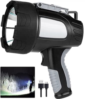 LBE Rechargeable Spotlight Outdoor, 200000 Lumens Led Spotlight Flashlight with Cob Light and Foldable Tripod, 6 Modes Waterproof Handheld Spot Light for Outdoor Marine Boating Hunting