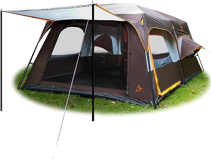 KTT Large Family Cabin Tent 10 Person,14.1X10X6.58ft,2 Rooms,3 Storage Pockets,2 Bay-Windows 3 Doors and 3 Windows with Mesh,Straight Wall,Waterproof,Double Layer,Big Tent for Outdoor,Camping