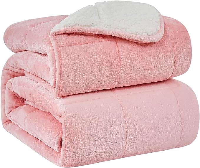 CYMULA Flannel Weighted Blanket Adult: 60×80inch Sherpa Fleece Heavy Blanket - Breathable Soft Blanket 15lbs Queen Size - Snuggly Bed Blankets with Glass Beads- Pink