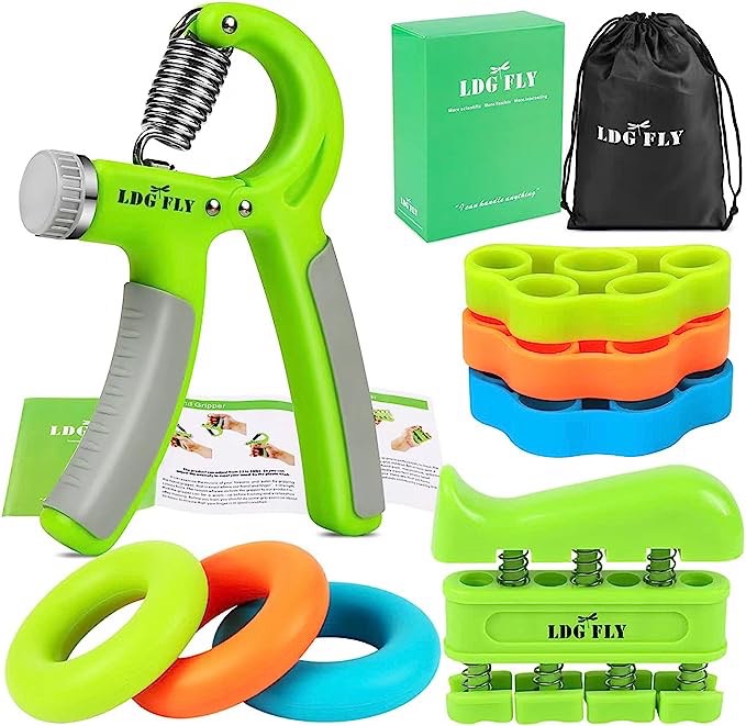 LDGFLY Hand Grip Strengthener Kit with Finger Exerciser, Finger Stretchers, Adjustable Hand Gripper and Exercise Rings. Strength Trainer for Athletes, Pianists, Guitar and Therapy.