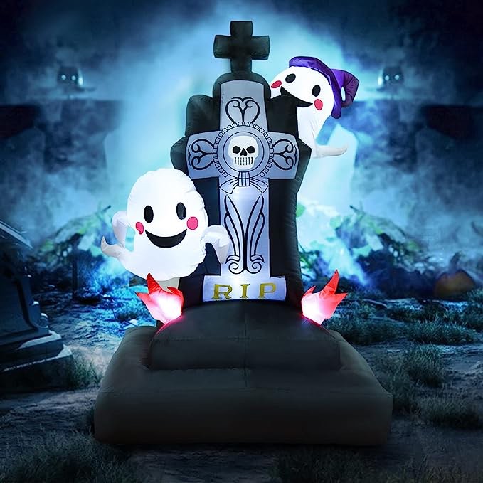 PLTCAT Halloween 5Ft Lighted Inflatable Stacked Tombstone with Ghosts, Built-in LED Lights Blow-Up Yard Decoration, Holiday Lights for Yard, Lawn Porch Decor