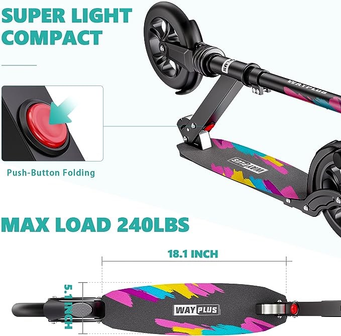 WAYPLUS Kick Scooter for Teens & Adults. Max Load 240 LBS. Foldable, Lightweight, 9â€_x009d_Big Wheels, 4 Adjustable Level. Bearing ABEC9