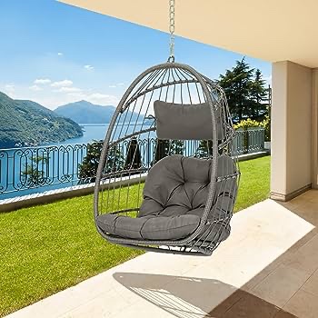 Wicker Rattan Hammock Egg Hanging Chair with Hanging Chain, Rusty Resistant Aluminum Frame and UV Resistant Cushion, Indoor Outdoor Bedroom Patio Porch Folding Camping Chair(Without Stand)