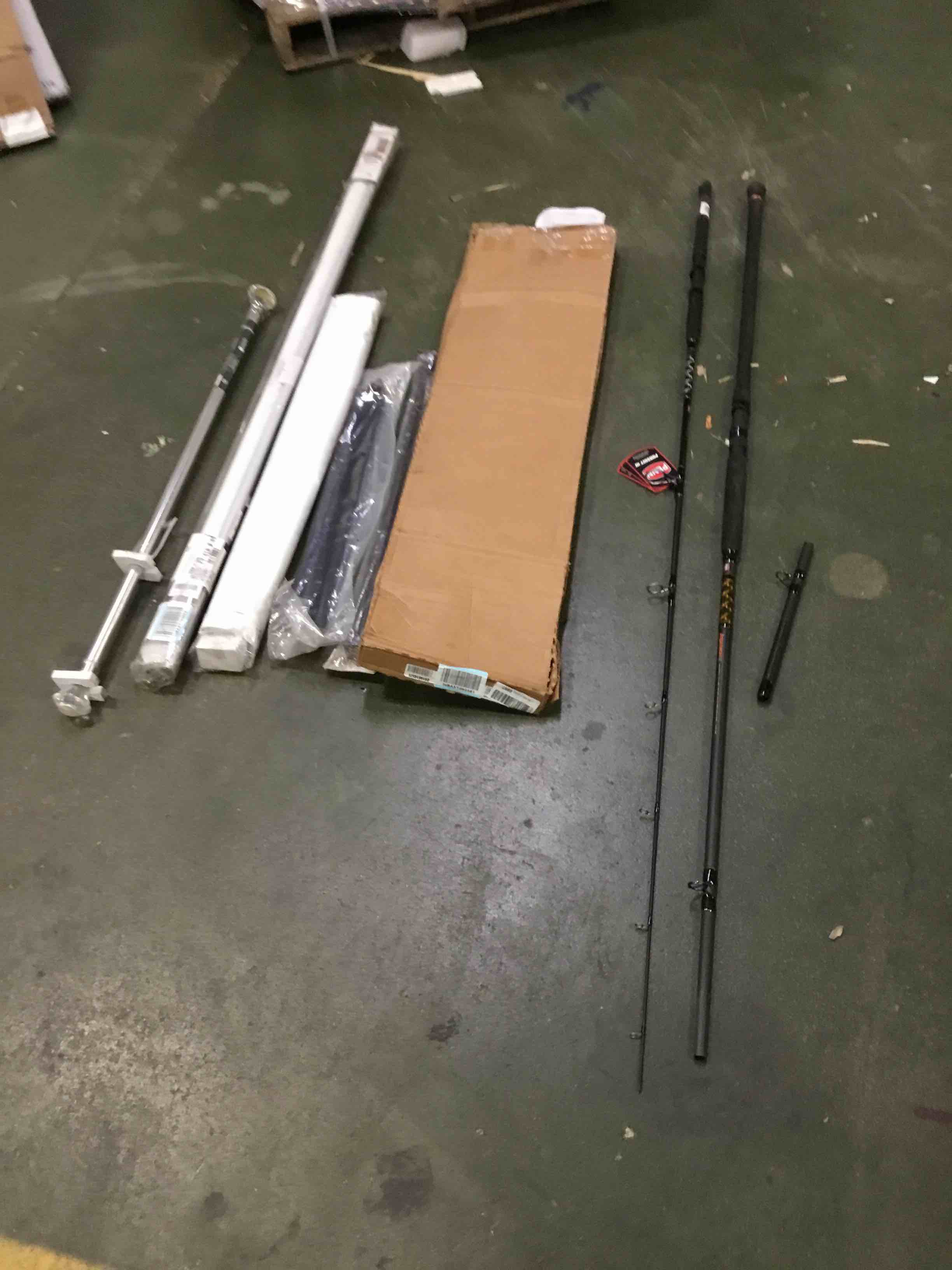 ASSORTED HOUSEHOLD ITEMS, fishing rods, curtain rods, blinds, etc
