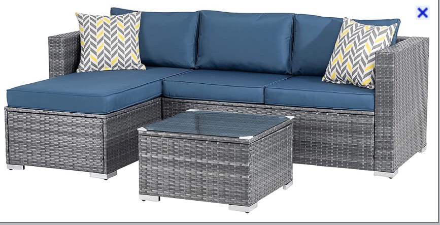 Shintenchi Patio Furniture Sets Outdoor Sectional Sofa Silver All-Weather Rattan Wicker Small Patio Conversation Couch Garden Backyard with Washable Couch Cushion and Glass Table 3 Pieces Royal Blue
