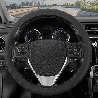 BDK Genuine Black Leather Steering Wheel Cover for Car, Medium (14.5" - 15.5") – Ergonomic Comfort Grip for Men & Women, Universal Fit Car Steering Wheel Cover for Most Vehicles